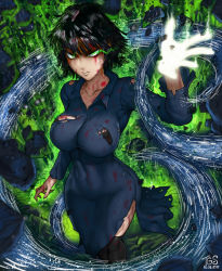 Rule 34 | 1girl, absurdres, angry, arm at side, black bra, black hair, black socks, blood, blood on clothes, blood on face, blue dress, bra, bra peek, breasts, closed mouth, collarbone, collared dress, covered navel, cowboy shot, dated, dress, energy, fubuki (one-punch man), glowing, glowing eyes, green eyes, hand up, highres, impossible clothes, impossible dress, initial, kneehighs, long sleeves, looking up, motion blur, one-punch man, psychic, rubble, short hair, side slit, socks, solo, the golden smurf, torn clothes, torn dress, underwear, veins