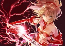 Rule 34 | 1girl, armor, bandeau, blonde hair, braid, breasts, clarent (fate), cleavage, detached collar, fate/apocrypha, fate (series), faulds, green eyes, holding, holding sword, holding weapon, lightning, midriff, mordred (fate), mordred (fate/apocrypha), parted bangs, red background, simple background, solo, sword, v-shaped eyebrows, weapon, yuzuki karu