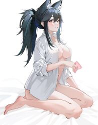 Rule 34 | 1girl, animal ear fluff, animal ears, arknights, barefoot, bed sheet, black hair, blush, bottomless, breasts, cleavage, collared shirt, commentary request, condom, condom wrapper, dress shirt, drive shot, extra ears, feet, from side, full body, has bad revision, has downscaled revision, highres, holding, holding condom, long hair, long sleeves, md5 mismatch, medium breasts, navel, open clothes, open shirt, ponytail, red eyes, resolution mismatch, shirt, sidelocks, sitting, solo, source smaller, texas (arknights), white shirt, wolf ears