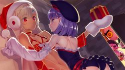 Rule 34 | 5girls, altera (fate), altera the santa (fate), ass, black hat, blonde hair, blush, commentary request, detached sleeves, earmuffs, fate/grand order, fate (series), flat chest, giant, giantess, girl on top, green eyes, hat, helena blavatsky (fate), jack the ripper (fate/apocrypha), long sleeves, looking at another, matsuryuu, mittens, multiple girls, navel, nursery rhyme (fate), paul bunyan (fate), peeking out, pink eyes, pink hair, purple eyes, purple hair, red eyes, riyo (lyomsnpmp) (style), santa hat, shadow, short hair, sleeves past fingers, sleeves past wrists, smile, sweat, white hair, white mittens, yellow eyes, yuri