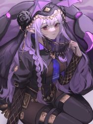 Rule 34 | 1girl, arknights, arm support, black jacket, black thighhighs, blue necktie, blush, bodystocking, braid, commentary, hair between eyes, hand up, head wings, highres, jacket, long hair, looking at viewer, manticore (arknights), manticore (under a veil) (arknights), mouth veil, necktie, official alternate costume, open clothes, open jacket, pink eyes, pointy ears, purple hair, scorpion tail, short sleeves, sitting, tail, thighhighs, veil, very long hair, weimeizi, wings