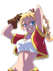 Rule 34 | 1girl, arms behind head, artist name, bead necklace, beads, blonde hair, blue eyes, breasts, brown gloves, chrono cross, crop top, cropped jacket, dated, facial mark, gloves, gold trim, grin, hair ribbon, highres, jacket, jewelry, kid (chrono cross), long hair, medium breasts, midriff, multi-tied hair, navel, necklace, ponytail, red jacket, red ribbon, red skirt, ribbon, shikiwo, shirt, short sleeves, skirt, smile, solo, teeth, torn clothes, torn shirt, upper body, white background, white shirt