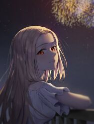 Rule 34 | 1girl, aerial fireworks, blonde hair, closed mouth, fireworks, highres, long hair, looking at viewer, night, night sky, original, outdoors, railing, red eyes, shirt, sky, solo, tanac mangi, white shirt