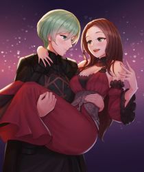 Rule 34 | 1boy, 1girl, aged up, arm around neck, armor, awan0918, breasts, brown hair, byleth (fire emblem), byleth (male) (fire emblem), carrying, cleavage, commentary, dorothea arnault, dress, english commentary, fire emblem, fire emblem: three houses, green eyes, green hair, heart, heart background, hetero, highres, long hair, nintendo, pantyhose, princess carry, wavy hair