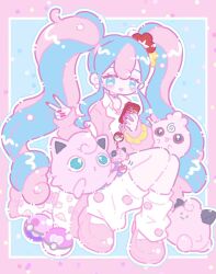 Rule 34 | 1girl, :d, aiaia (aiaaaa), blue eyes, blue hair, blush, cellphone, charm (object), choker, clefairy, collar, colored eyelashes, commentary, creatures (company), curly hair, earrings, fairy miku (project voltage), flower, full body, game freak, gen 1 pokemon, gen 2 pokemon, hair flower, hair ornament, hatsune miku, heart, heart choker, highres, holding, holding phone, igglybuff, jewelry, jigglypuff, loafers, long hair, long sleeves, looking at viewer, loose socks, love ball, multicolored hair, nail polish, neckerchief, nintendo, open mouth, phone, pink choker, pink footwear, pink hair, pink sweater, poke ball, pokemon, pokemon (creature), project voltage, red flower, scrunchie, shoes, sidelocks, sitting, smartphone, smile, socks, stuffed toy, sweater, twintails, two-tone hair, v, very long hair, vocaloid, white collar, white neckerchief, white socks, wrist scrunchie, yellow flower, yellow scrunchie