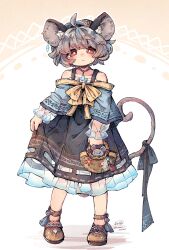 Rule 34 | 1girl, ahoge, animal, animal ears, basket, black dress, blush, brown footwear, closed mouth, dress, full body, grey hair, highres, holding, holding basket, looking at viewer, mame komari, mouse (animal), mouse ears, mouse tail, nazrin, red eyes, shoes, short hair, signature, solo, tail, touhou, twitter username