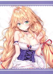 Rule 34 | 1girl, absurdres, ahoge, azur lane, bare shoulders, blonde hair, blush, bow, bowtie, braid, breasts, cleavage, collarbone, cross, cross earrings, cross necklace, dress, earrings, fingernails, frills, green eyes, highres, jewelry, large breasts, le temeraire (azur lane), long hair, looking at viewer, lying, necklace, on back, parted lips, red bow, riichu, scan, shiny skin, short dress, simple background, solo, strapless, strapless dress