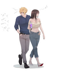 Rule 34 | 1boy, 1girl, absurdres, azezazel, bare shoulders, belt, black hair, blonde hair, blue eyes, breasts, brown hair, casual, cloud strife, couple, crop top, cup, denim, drink, earrings, english text, final fantasy, final fantasy vii, final fantasy vii remake, full body, grey pants, hand in pocket, high heels, highres, holding, holding cup, jeans, jewelry, long hair, medium breasts, midriff, musical note, navel, pants, red eyes, spiked hair, square enix, text focus, tifa lockhart, torn clothes, walking, white background