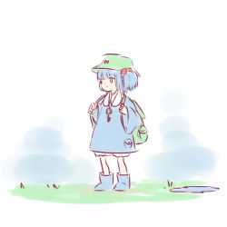 Rule 34 | 1girl, backpack, bag, blue eyes, blue hair, boots, child, hair bobbles, hair ornament, hat, highres, kawashiro nitori, key, matching hair/eyes, rubber boots, sketch, solo, standing, touhou, two side up, white background, yoruny, aged down