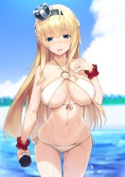Rule 34 | 1girl, alternate costume, bare shoulders, beach, bikini, blonde hair, blue eyes, blurry, blurry background, blush, bottle, braid, breasts, cleavage, collarbone, cowboy shot, crown, day, french braid, groin, hair between eyes, holding, holding bottle, kantai collection, long hair, looking at viewer, meth (emethmeth), mini crown, navel, o-ring, o-ring top, open mouth, outdoors, scrunchie, side-tie bikini bottom, signature, stomach, swimsuit, thighs, warspite (kancolle), wet, white bikini, wrist scrunchie