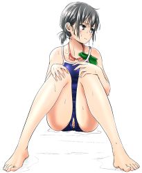 Rule 34 | 1girl, barefoot, black eyes, black hair, competition school swimsuit, crotch cutout, feet, goggles, goggles around neck, guglielmo, highres, looking away, looking to the side, low twintails, one-piece swimsuit, original, pussy, school swimsuit, short hair, short twintails, sitting, solo, spread legs, unworn swim cap, swimsuit, torn clothes, torn swimsuit, twintails, wet, wet hair, white background