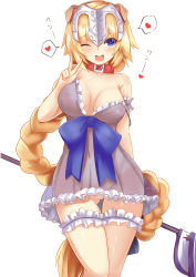 Rule 34 | 1girl, :d, absurdres, animal collar, animal ears, blonde hair, blue eyes, blush, bow, braid, braided ponytail, breasts, cleft of venus, collar, covered erect nipples, dog ears, fake animal ears, fate/grand order, fate (series), flagpole, hairband, heart, highres, jeanne d&#039;arc (fate), jeanne d&#039;arc (ruler) (fate), large bow, large breasts, bridal garter, lingerie, long hair, negligee, no panties, off shoulder, one eye closed, open mouth, pussy, see-through, senbon tsuki, smile, solo, spoken heart, strap slip, translation request, uncensored, underwear, v, very long hair