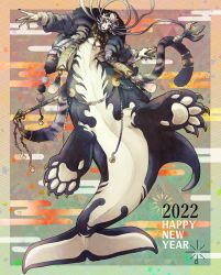Rule 34 | 1boy, 2022, animal ears, animal hands, animal print, claws, coat, dorsal fin, doshaburi (kushira), feather boa, fingernails, grin, highres, jewelry, male focus, merman, monster boy, multicolored background, orca, orca boy, original, sharp fingernails, sharp teeth, slit pupils, smile, staff, tail, teeth, tiger print, tiger stripes, white hair, yellow eyes