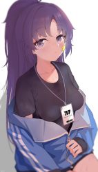 Rule 34 | 1girl, black shirt, blue archive, blue jacket, blurry, blush, breasts, closed mouth, collarbone, dated, depth of field, highres, impossible clothes, impossible shirt, jacket, lanyard, long hair, long sleeves, looking at viewer, medium breasts, parted lips, ponytail, purple eyes, purple hair, rong hui, shirt, short sleeves, solo, steaming body, sticker on face, sweat, t-shirt, undressing, upper body, yuuka (blue archive), yuuka (track) (blue archive)