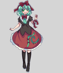 Rule 34 | 1girl, black footwear, boots, bow, breasts, frilled bow, frilled ribbon, frills, front ponytail, full body, green eyes, green hair, grey background, hair bow, hair ribbon, highres, kagiyama hina, knee boots, one-hour drawing challenge, puffy short sleeves, puffy sleeves, red bow, renshirenji, ribbon, short sleeves, small breasts, smile, solo, touhou