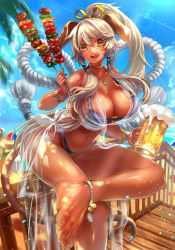 Rule 34 | 1girl, :p, alcohol, anklet, armlet, barefoot, beach, beer, beer mug, bikini, blonde hair, bracelet, breasts, cleavage, cup, dark-skinned female, dark skin, day, feet, food, huge breasts, jewelry, leaning forward, long hair, looking at viewer, miyano akihiro, mug, navel, necklace, o-ring, o-ring bottom, o-ring top, official art, open mouth, original, personification, see-through, shiny skin, sitting, smile, soles, solo, swimsuit, tail, toes, tongue, tongue out, twintails, very long hair, yellow eyes