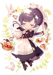 Rule 34 | 1girl, absurdres, animal, animal on head, apple, apron, basket, bird, bird on head, black dress, black footwear, blush, boots, bread, cherry tomato, closed eyes, closed mouth, collar, commentary request, countdown illustration, cup, dress, facing viewer, flower, food, frederica (game), fried egg, fruit, full body, grapes, hand up, high heel boots, high heels, highres, holding, holding teapot, long hair, long sleeves, maid, maid apron, maid headdress, neck ribbon, official art, on head, pie, pie slice, pigeon, plate, ponytail, pouring, puffy sleeves, red ribbon, ribbon, rogue (frederica), sausage, second-party source, smile, solo, spoon, teacup, teapot, tomato, uekura eku, white apron, white collar