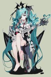 Rule 34 | 1girl, absurdres, aqua hair, bare legs, barefoot, bass guitar, black dress, breasts, closed mouth, collarbone, commentary, crossed legs, deep skin, dress, eyelashes, feet, fortissimo, full body, grandia lee, green background, hair ornament, halterneck, hatsune miku, head wings, heart, highres, holding, instrument, knee up, legs, long hair, musical note, musical note hair ornament, nail polish, simple background, sitting, small breasts, soles, solo, symbol-only commentary, toenail polish, toenails, toes, twintails, very long hair, vocaloid, wings
