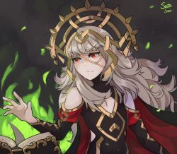 Rule 34 | 1girl, artist name, book, closed mouth, crown, fire emblem, fire emblem heroes, grey hair, hair ornament, highres, long hair, nintendo, open book, red eyes, simple background, solo, soutasoda, upper body, veronica (fire emblem)