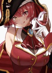 Rule 34 | 1girl, :q, absurdres, alcohol, black hat, blush, breasts, cleavage, cup, drinking glass, glass, gloves, hair between eyes, hat, heterochromia, highres, holding, holding cup, hololive, houshou marine, large breasts, long hair, looking at viewer, pirate hat, red eyes, red hair, see-through, see-through cleavage, shiro osushi, simple background, solo, tongue, tongue out, twintails, upper body, virtual youtuber, white background, white gloves, wine, wine glass, yellow eyes
