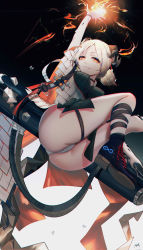 Rule 34 | 1girl, absurdres, alternate breast size, arknights, arm up, ass, bad id, bad pixiv id, bare legs, black background, black footwear, black ribbon, boots, breasts, commentary request, grey background, highres, horns, ifrit (arknights), leg ribbon, looking at viewer, material growth, medium breasts, omone hokoma agm, originium arts (arknights), oripathy lesion (arknights), panties, red eyes, rhine lab logo, ribbon, short hair, signature, silver hair, smile, solo, thigh strap, thighs, two-tone background, underwear, white panties