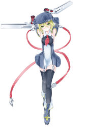 Rule 34 | 1girl, absurdres, aldehyde, arc system works, armpits, arms behind back, arms behind head, arms up, ascot, bad id, bad pixiv id, beret, black thighhighs, blazblue, blonde hair, blue skirt, boots, cuffs, detached sleeves, dress, dual wielding, gloves, green eyes, gun, handgun, hat, highres, holding, multicolored clothes, multicolored dress, necktie, noel vermillion, ribbon, shackles, simple background, skirt, solo, thighhighs, uniform, weapon, white skirt