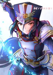 Rule 34 | 1girl, black hair, blue fire, brown eyes, fire, gloves, grin, hano, hat, highres, incoming attack, looking at viewer, military, military uniform, morag ladair (xenoblade), nayuta-kanata, smile, sword, uniform, weapon, whip sword, white background, white gloves, xenoblade chronicles (series), xenoblade chronicles 2