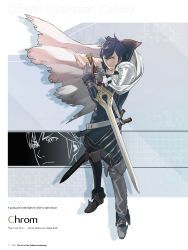 Rule 34 | 1boy, absurdres, armor, belt, blue eyes, blue hair, boots, cape, character name, chrom (fire emblem), falchion (fire emblem), fire emblem, fire emblem awakening, full body, gloves, highres, holding, holding weapon, knee boots, kozaki yuusuke, male focus, nintendo, official art, page number, pants, sheath, short hair, shoulder armor, simple background, sleeveless, solo, standing, sword, weapon
