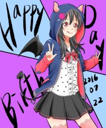 Rule 34 | 1girl, :p, alternate hairstyle, artist name, artist request, black hair, black skirt, black wings, blue jacket, blush, bow, breasts, collarbone, demon horns, double v, female focus, hair bow, heart, heart print, hood, hood up, hooded jacket, horns, jacket, looking at viewer, love live!, love live! school idol festival, love live! school idol project, parted lips, pink legwear, pink neckwear, polka dot, polka dot shirt, purple jacket, red eyes, shirt, short hair, skirt, small breasts, smile, solo, striped, striped bow, tail, toiro plus, tongue, tongue out, twintails, v, white shirt, wings, yazawa nico