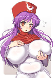 Rule 34 | 1girl, blush, breast hold, breast lift, breast suppress, breasts, chunsoft, covered navel, dragon quest, dragon quest ii, dress, enix, hood, huge breasts, impossible clothes, impossible dress, long hair, looking at viewer, nagase haruhito, plump, princess of moonbrook, purple hair, red eyes, skin tight, solo