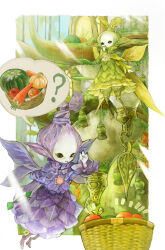 Rule 34 | 2others, ?, absurdres, androgynous, apple, bangs pinned back, basket, bell, black eyes, border, capelet, carrot, day, dress, fairy, fewer digits, final fantasy, final fantasy xiv, food, fruit, green capelet, green dress, green hair, hand on own chin, hand up, highres, leaf, leaf dress, leaf wings, light rays, multiple others, outside border, plant hair, pointy ears, pumpkin, purple capelet, purple dress, purple hair, shanshen, short hair, spoken object, spoken question mark, sunlight, sylph (final fantasy), tree, white border