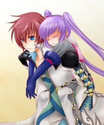 Rule 34 | 1boy, 1girl, asbel lhant, blue eyes, brown hair, highres, piggyback, purple hair, san (sypay), sophie (tales), tales of (series), tales of graces, twintails, yellow background