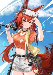 Rule 34 | &gt;:), 1girl, absurdres, animal ears, arknights, black choker, blue sky, choker, cloud, cowboy shot, crop top, day, flametail (arknights), flametail (sport for all) (arknights), gloves, grey shorts, highres, holding, holding sword, holding weapon, large tail, long hair, looking at viewer, midriff, official alternate costume, orange hair, orange shirt, shirt, shorts, single glove, sky, solo, standing, stomach, suspenders, sword, tail, v-shaped eyebrows, very long hair, weapon, white gloves, yellow eyes, zongshi jiu du ying lai luori