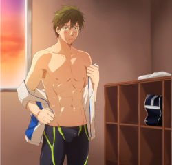 Rule 34 | 10s, 1boy, abs, blush, bulge, crotch, dressing, free!, i youta, looking at viewer, male focus, muscular, nipples, pectorals, smile, solo, tachibana makoto, window