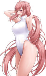 Rule 34 | 1girl, ahoge, breasts, covered navel, cowboy shot, highleg, highleg swimsuit, highres, large breasts, last origin, lazb., long hair, miho (last origin), one-piece swimsuit, pink hair, red eyes, simple background, solo, swimsuit, turtleneck, white background, white one-piece swimsuit