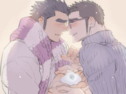 Rule 34 | 2boys, blush, couple, from side, glasses, husband and husband, kijima hyogo, long sideburns, male focus, protagonist 3 (housamo), motoori shiro, multiple boys, noses touching, profile, scarf, short hair, sideburns, sparkle, spiked hair, sweater, thick eyebrows, tokyo houkago summoners, winter clothes, yaoi