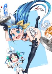 Rule 34 | 2girls, adapted costume, animal ears, artist name, ass, bad anatomy, black gloves, black thighhighs, blue eyes, blue hair, blush, breasts, detached collar, drink, drinking straw, gloves, high heels, kantai collection, leotard, long hair, multiple girls, open mouth, playboy bunny, rabbit ears, samidare (kancolle), signature, strapless, strapless leotard, suzukaze (kancolle), tears, thighhighs, tray, udukikosuke, very long hair, white leotard