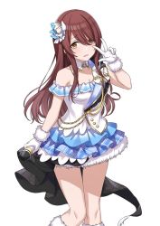 Rule 34 | 1girl, brown hair, cuffs, fur trim, gloves, hair ornament, idol clothes, idolmaster, idolmaster shiny colors, long hair, looking at viewer, microphone, miniskirt, official art, open mouth, osaki tenka, skirt, thighs, white background, white gloves, yellow eyes