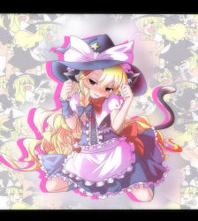 Rule 34 | 1girl, animal ears, apron, blonde hair, blush, bow, cat ears, cat girl, cat tail, crescent, female focus, frills, hat, hat bow, highres, kemonomimi mode, kirisame marisa, kneeling, letterboxed, long hair, ramutaizumu, short sleeves, smile, solo, star (symbol), tail, touhou, very long hair, witch hat, wrist cuffs, yellow eyes