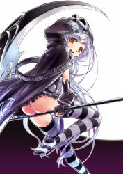 Rule 34 | 1girl, aoi rando, ass, blush, cape, fang, from behind, full moon, gloves, gothic wa mahou otome, heike (gothic wa mahou otome), hood, long hair, looking at viewer, looking back, mask, moon, no panties, scythe, silver hair, simple background, sitting, skull mask, smile, striped clothes, striped thighhighs, thighhighs, yellow eyes