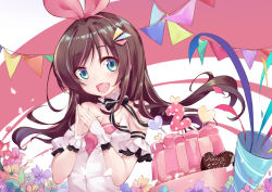 Rule 34 | 1girl, anniversary, aqua eyes, bare shoulders, bow, breasts, brown hair, cake, field, flower, flower field, food, hair ornament, kizuna ai, light blush, long hair, medium breasts, open mouth, pink background, smile, ttnap, virtual youtuber, white background