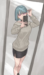 1girl aqua_hair aqua_nails black_skirt bright_pupils cellphone closed_mouth earrings highres holding holding_phone jewelry mirror mirror_selfie nyo551 original pencil_skirt phone purple_eyes selfie short_hair skirt smartphone smile solo sweater white_pupils