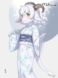 Rule 34 | 1girl, animal ears, blush, brown eyes, closed mouth, commentary, commission, curled horns, feet out of frame, furry, furry female, goat ears, goat girl, goat horns, goat tail, hair between eyes, highres, horns, japanese clothes, kimono, kuro kosyou, long sleeves, obi, original, pinching sleeves, sash, skeb commission, sleeves past wrists, solo, standing, white hair, white kimono, wide sleeves