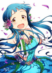 Rule 34 | 10s, 1girl, absurdres, ayano yuu (sonma 1426), bare shoulders, blue hair, brown eyes, flower, hair flower, hair ornament, highres, idolmaster, idolmaster million live!, kitakami reika, long hair, looking at viewer, open mouth, petals, simple background, smile, solo, twintails, white background