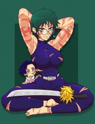 Rule 34 | 1boy, 1girl, armpits, arms behind head, blue eyes, blue hair, breasts, covered erect nipples, feet, glasses, green eyes, green hair, heart, highres, injury, jujutsu kaisen, large breasts, legs, licking, looking at viewer, pants, seductive gaze, seductive smile, short hair, smile, sweat, sword, thick thighs, thighs, torn clothes, weapon, zenin maki
