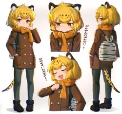 Rule 34 | 10s, 1girl, animal ears, backpack, bad id, bad twitter id, bag, blonde hair, blush, blush stickers, brown eyes, closed mouth, closed eyes, facing viewer, iwahana, jaguar (kemono friends), jaguar ears, kemono friends, looking at viewer, multiple views, open mouth, orange scarf, parted lips, scarf, short hair, smile, tail, translated