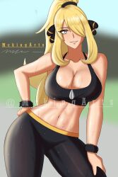 Rule 34 | 1girl, black pants, black sports bra, blonde hair, breasts, cleavage, creatures (company), cynthia (pokemon), game freak, grey eyes, hand on leg, hand on own hip, hand on own leg, hand on own thigh, hand on thigh, highres, large breasts, long hair, looking at viewer, midriff, navel, nintendo, pants, parted lips, pokemon, pokemon dppt, ponytail, smile, solo, sports bra, sportswear, sweat, sweatdrop