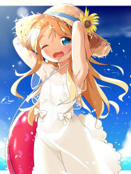 Rule 34 | 1girl, ;d, armpits, arms behind head, arms up, bare shoulders, blonde hair, blue eyes, blush, bow, brown hat, collarbone, commentary request, day, dress, flower, hat, hat flower, highres, himesaka noa, horizon, innertube, long hair, looking at viewer, makuran, one eye closed, open mouth, outdoors, parted bangs, see-through, sleeveless, sleeveless dress, smile, solo, straw hat, sunflower, swim ring, thick eyebrows, very long hair, watashi ni tenshi ga maiorita!, water, white bow, white dress, yellow flower