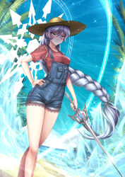 1girl adsouto alternate_costume beach blue_overalls blue_sky braid braided_ponytail breasts closed_mouth cloud crossed_legs day denim denim_overalls earrings floating_hair glyph grey_hair hand_on_own_hip hat highres holding holding_sword holding_weapon ice jewelry long_hair looking_at_viewer medium_breasts myrtenaster outdoors overalls red_shirt rwby scar scar_across_eye scar_on_face shirt sky solo sun_hat sword thighs v-shaped_eyebrows very_long_hair watson_cross weapon weiss_schnee