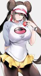 Rule 34 | 1girl, absurdres, black pantyhose, blush, bow, breasts, brown hair, creatures (company), double bun, game freak, green eyes, hair bun, highres, holding, holding poke ball, large breasts, long hair, long sleeves, looking at viewer, marushin (denwa0214), nintendo, pantyhose, pantyhose under shorts, pink bow, poke ball, poke ball (basic), pokemon, pokemon bw2, raglan sleeves, rosa (pokemon), see-through, short shorts, shorts, smile, solo, thighs, twintails, very long hair, visor cap, yellow shorts
